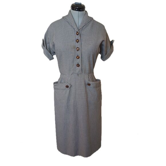 Vtg 40s Manford Casuals Stand Away Pockets Gingham Shirtwaist Midi Dress, Sz 2/4 - Picture 1 of 11